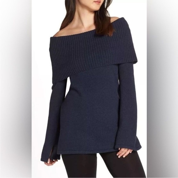 UGG Rhodyn Off Shoulder Long Sleeve Sweater Navy blue medium knit tunic wool M - Picture 13 of 13